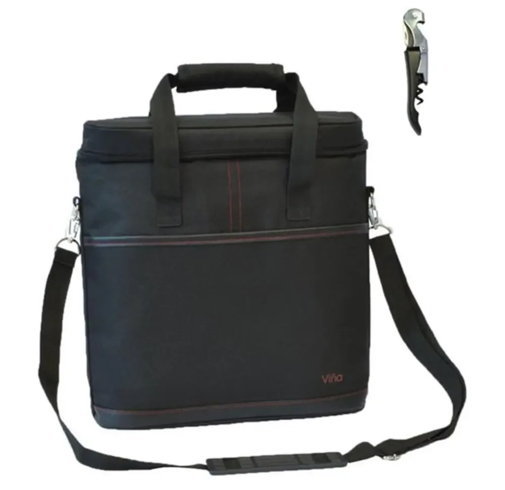 Vina 3 Bottle Wine Carrier Tote Bag Insulated Cooler Carrying Case with Opener